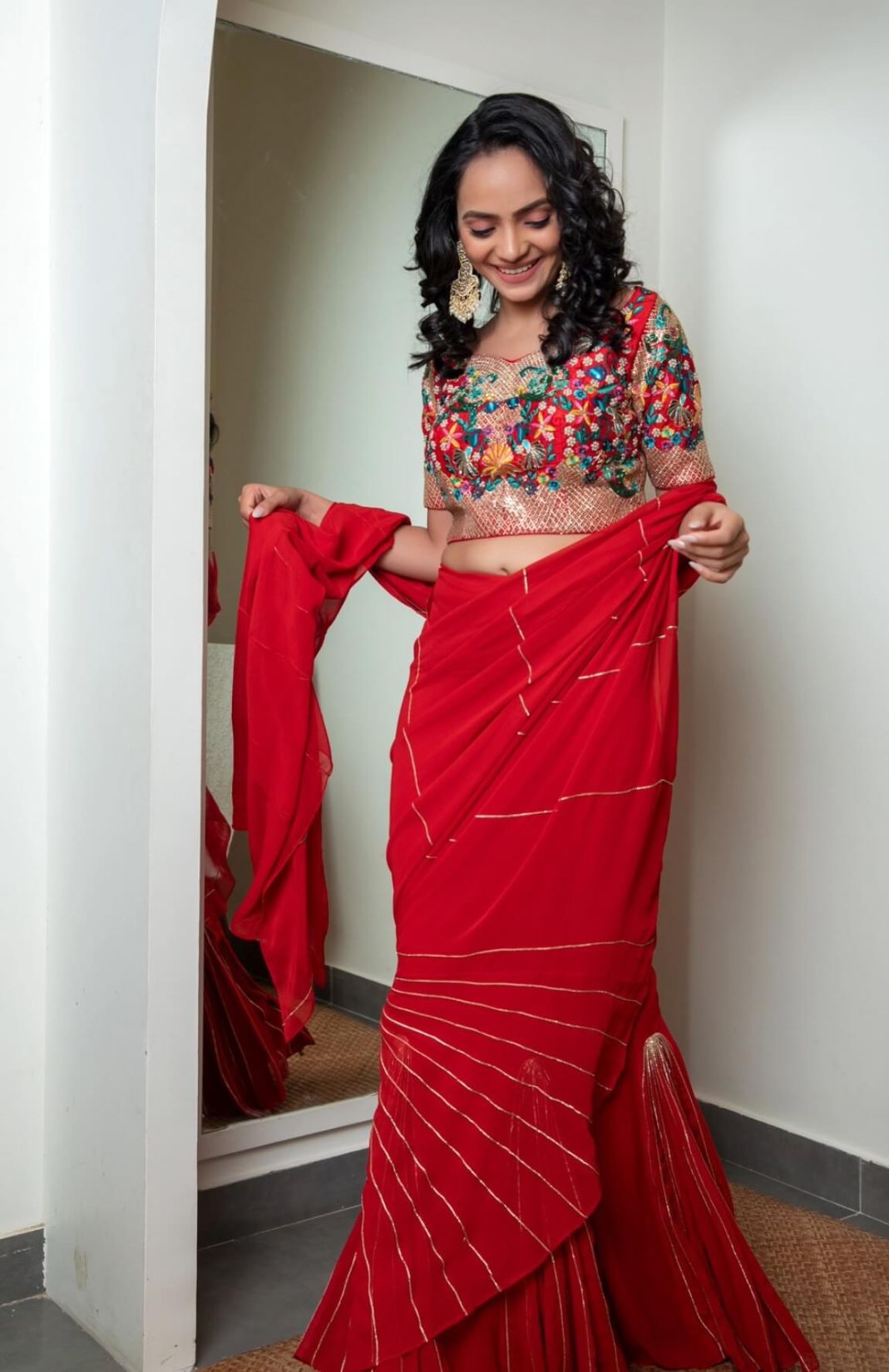 Red Kali Saree With Embroidered Blouse