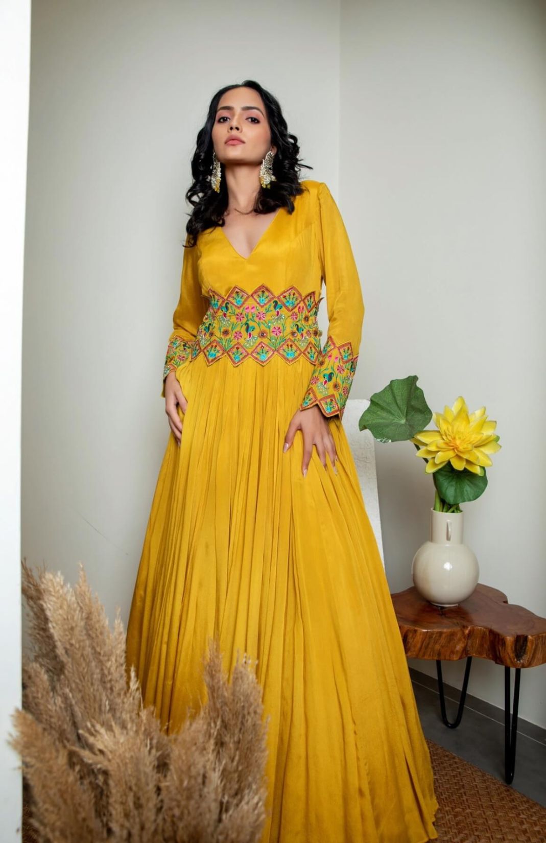 Rouched Gown With Embroidered Belt And Cuffs With Embroidered Scallop Dupatta