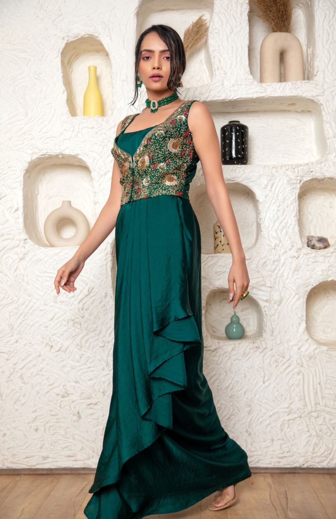 Drape Gown With Embroidered Jacket