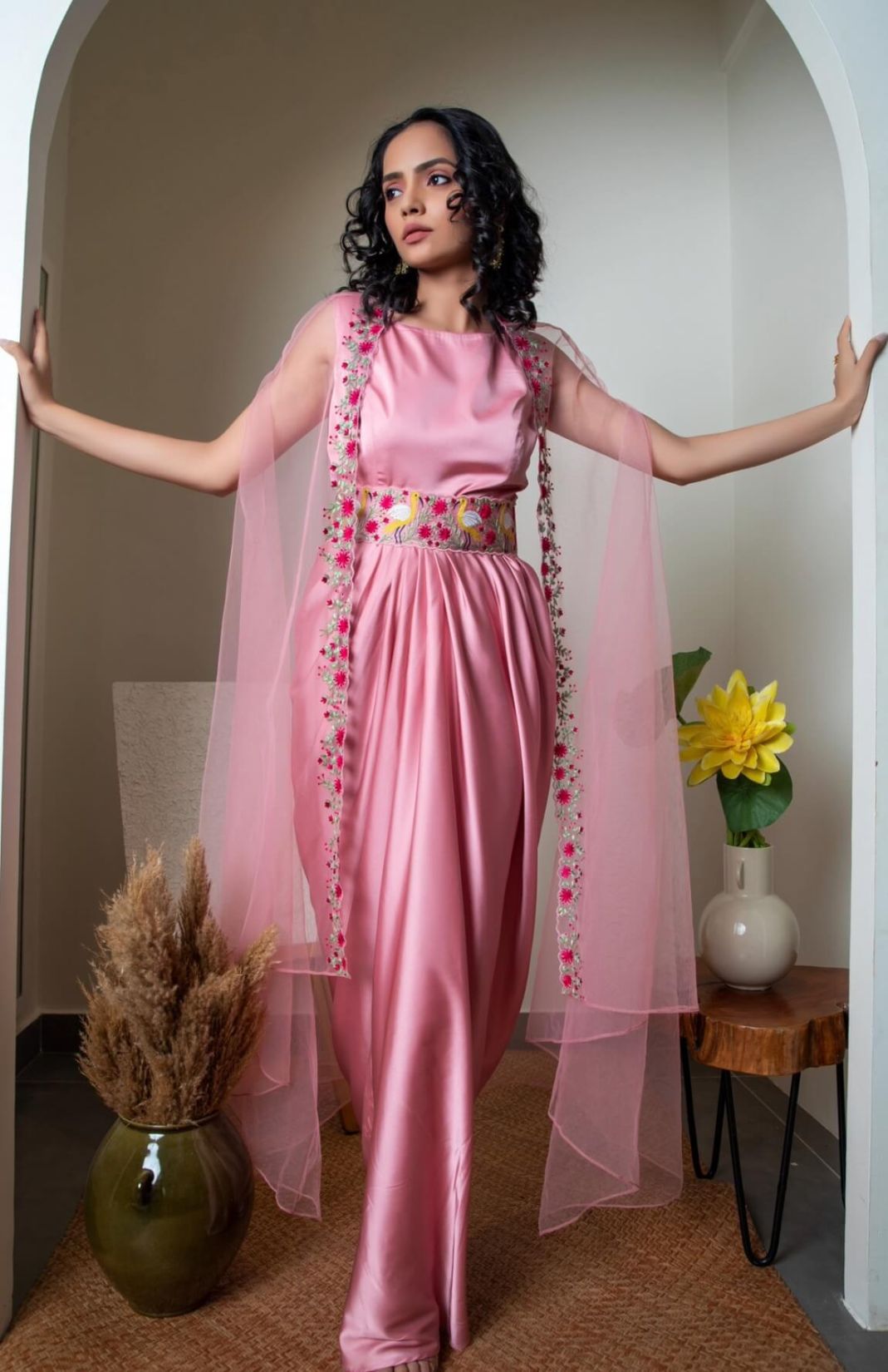 Drape Gown With Tie-up Belt And Embroidered Cape