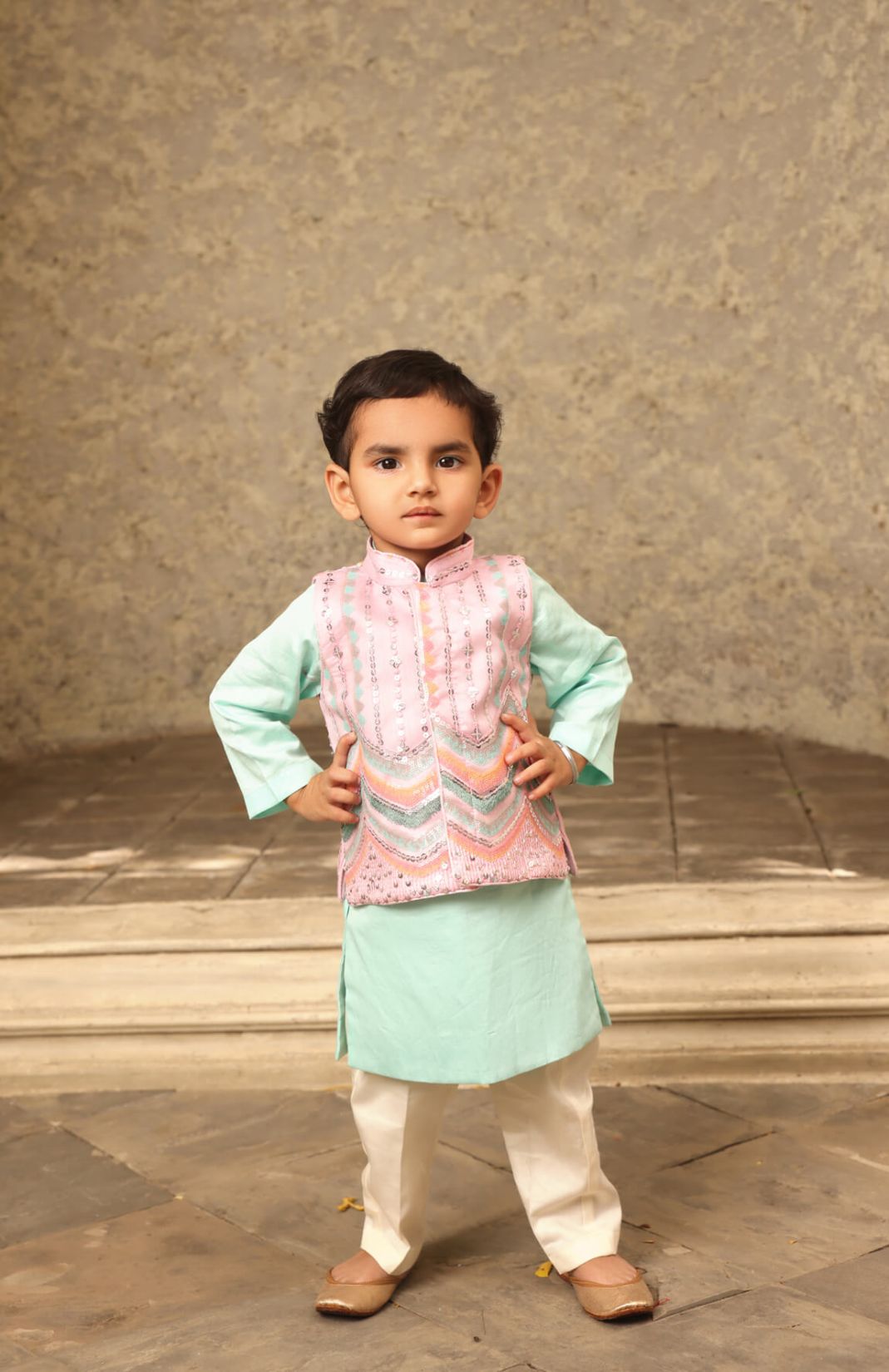 Blue Kurta With Pink Embroidery Nehru Jacket Set