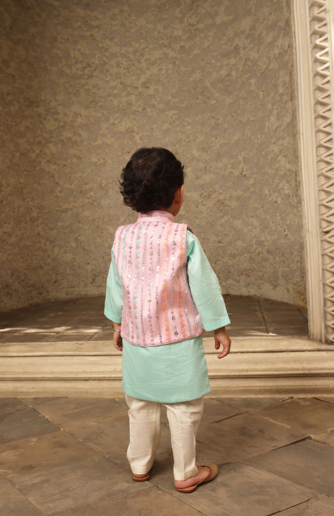 Blue Kurta With Pink Embroidery Nehru Jacket Set