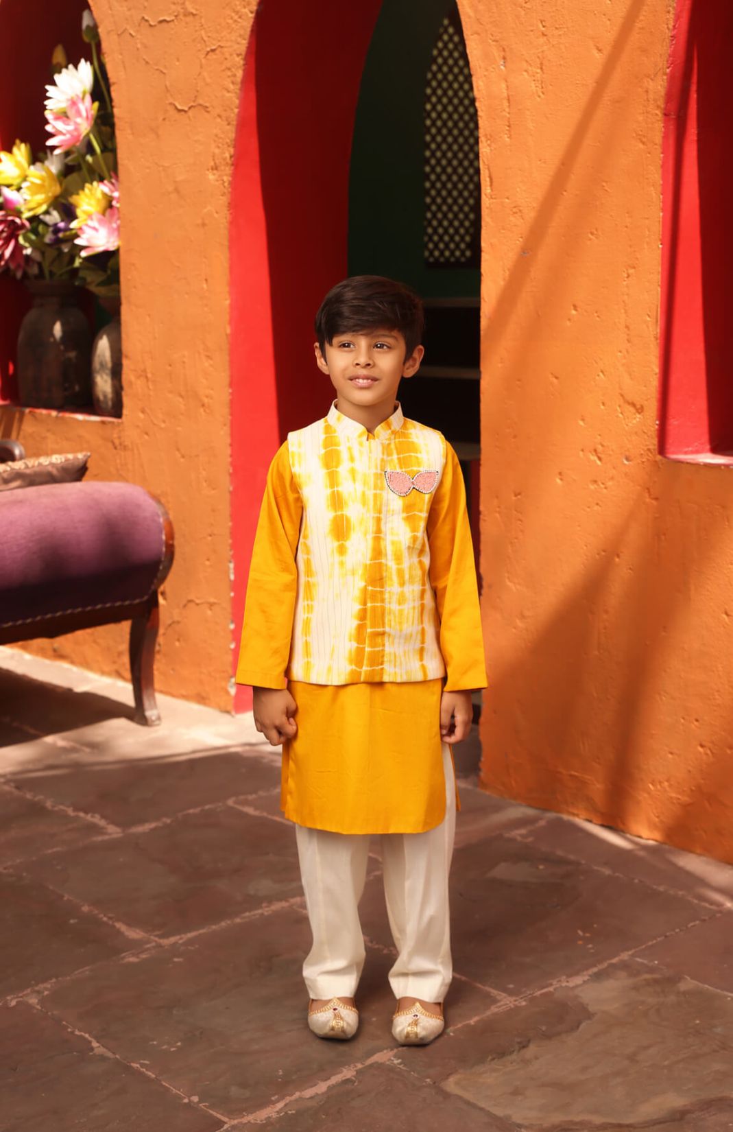 Yellow Tie & Dye Nehru Jacket With Kurta & Pant