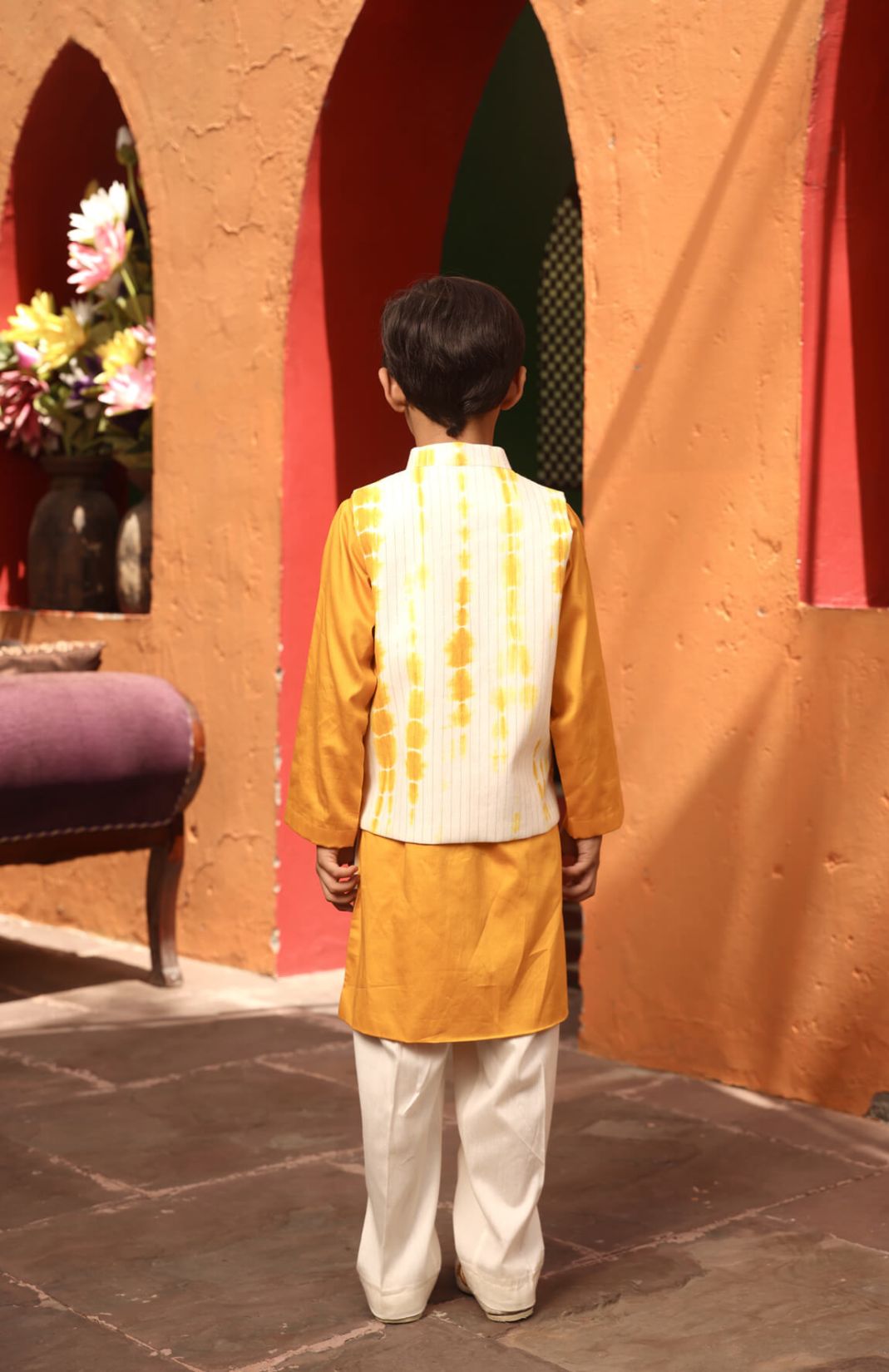Yellow Tie & Dye Nehru Jacket With Kurta & Pant