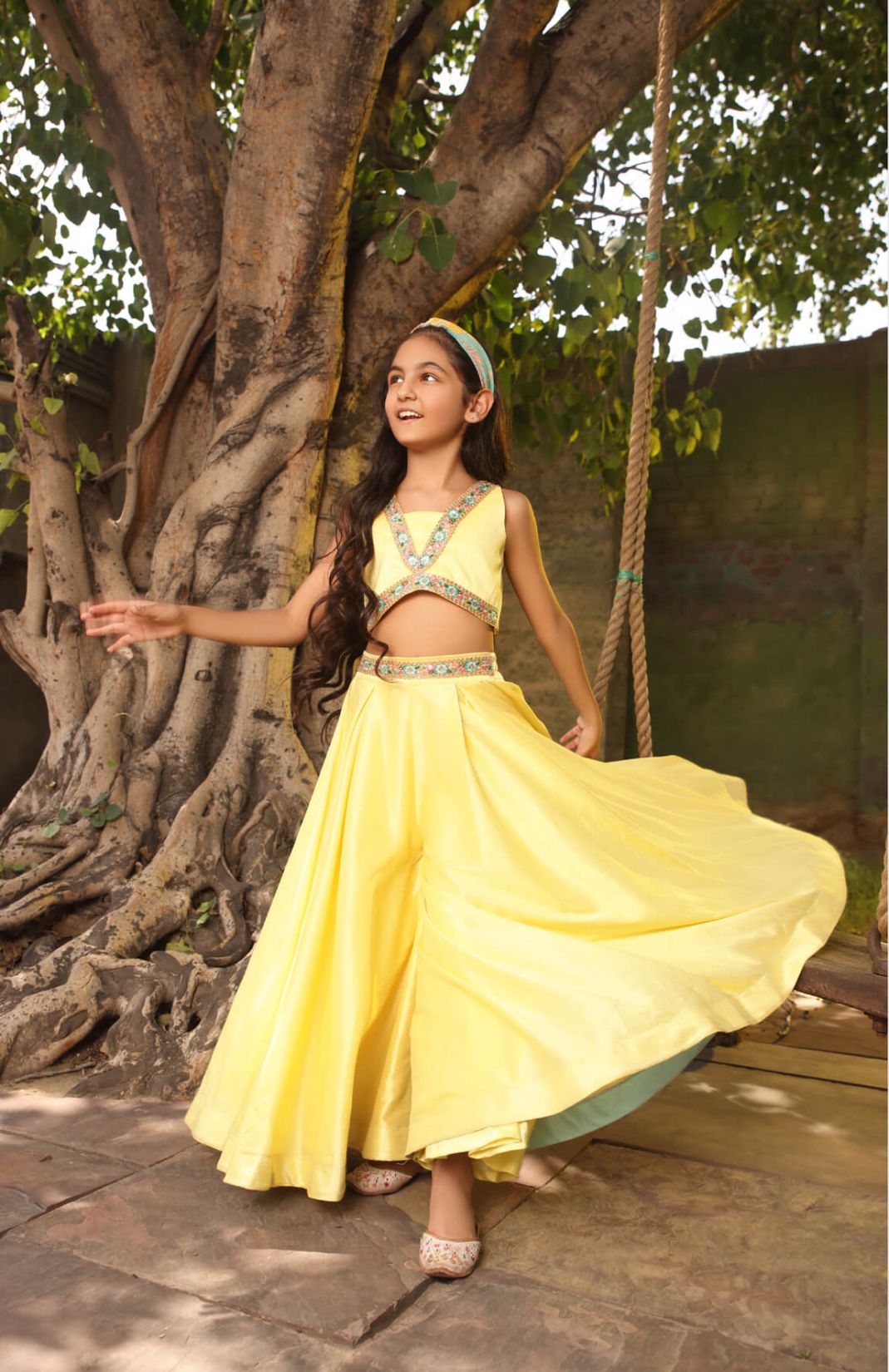 Yellow Crop Top With Pant & Printed Cape