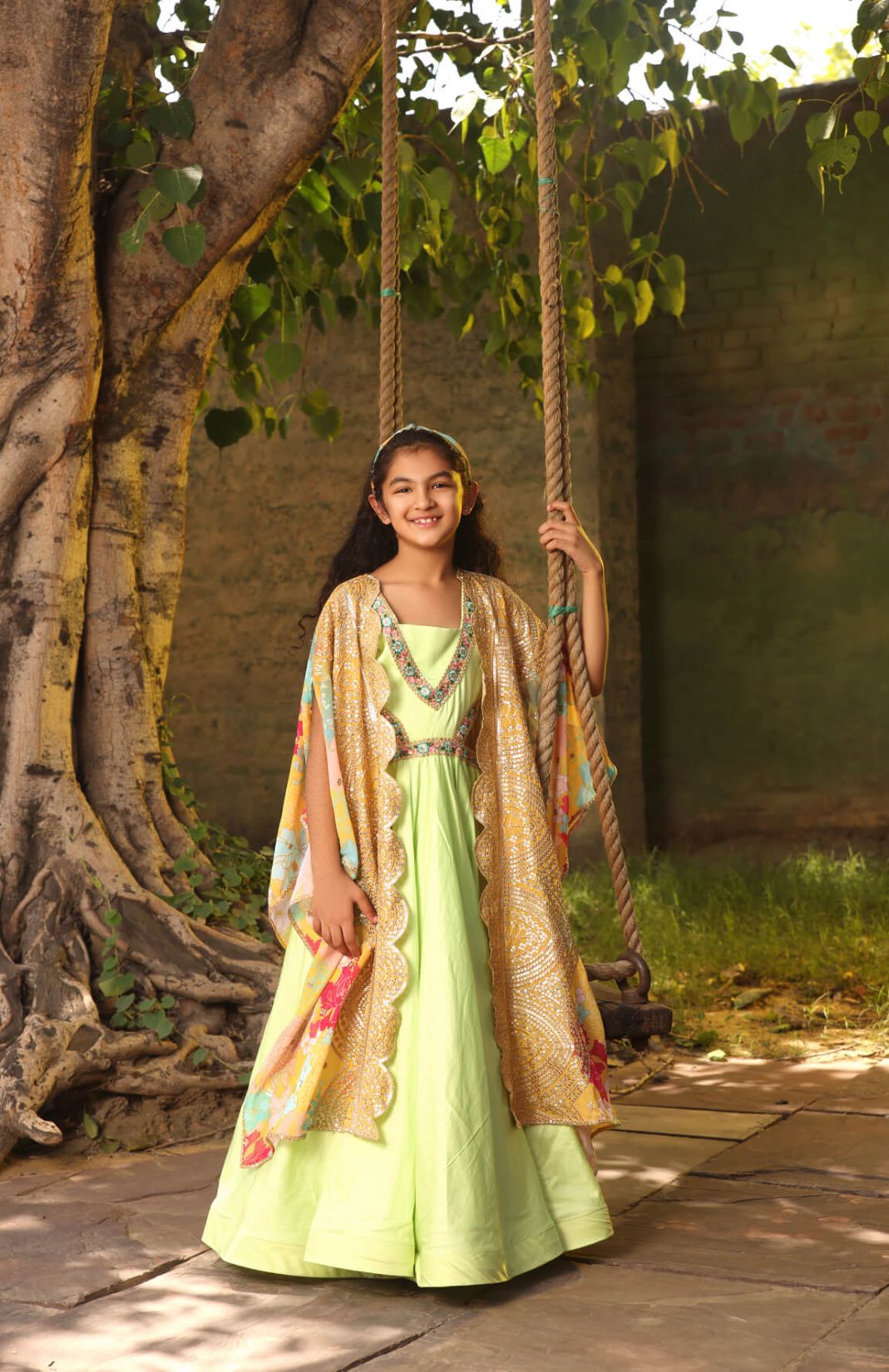 Green Anarkali Pant With Printed Cape