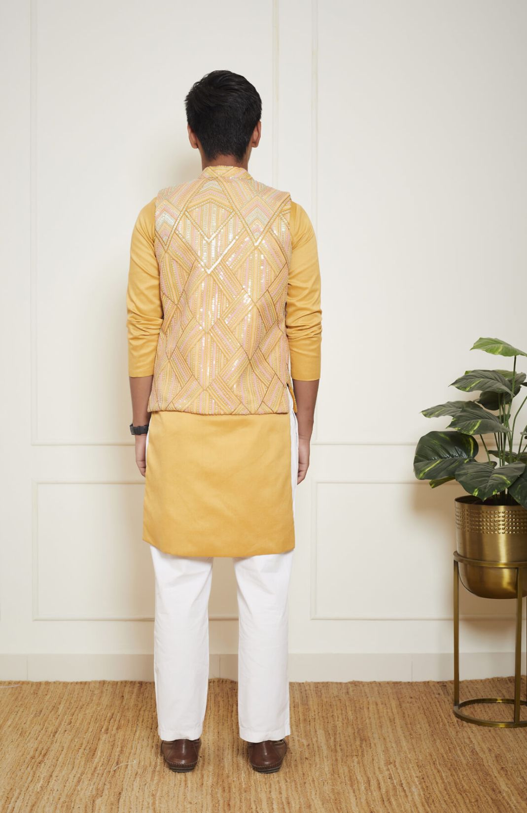 Mustard Yellow Embroidered Nehru Jacket Set