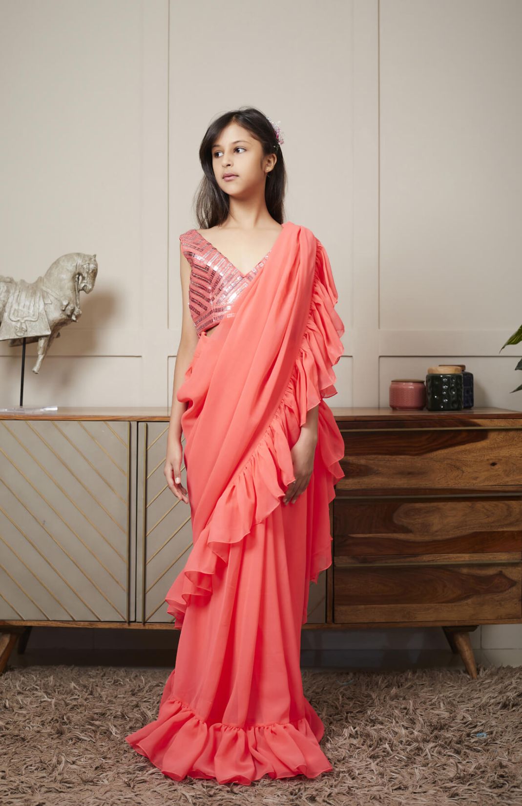 Embroidered Blouse With Coral Pre-Stitched Saree