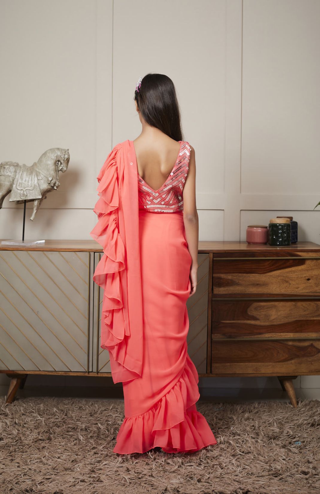 Embroidered Blouse With Coral Pre-Stitched Saree
