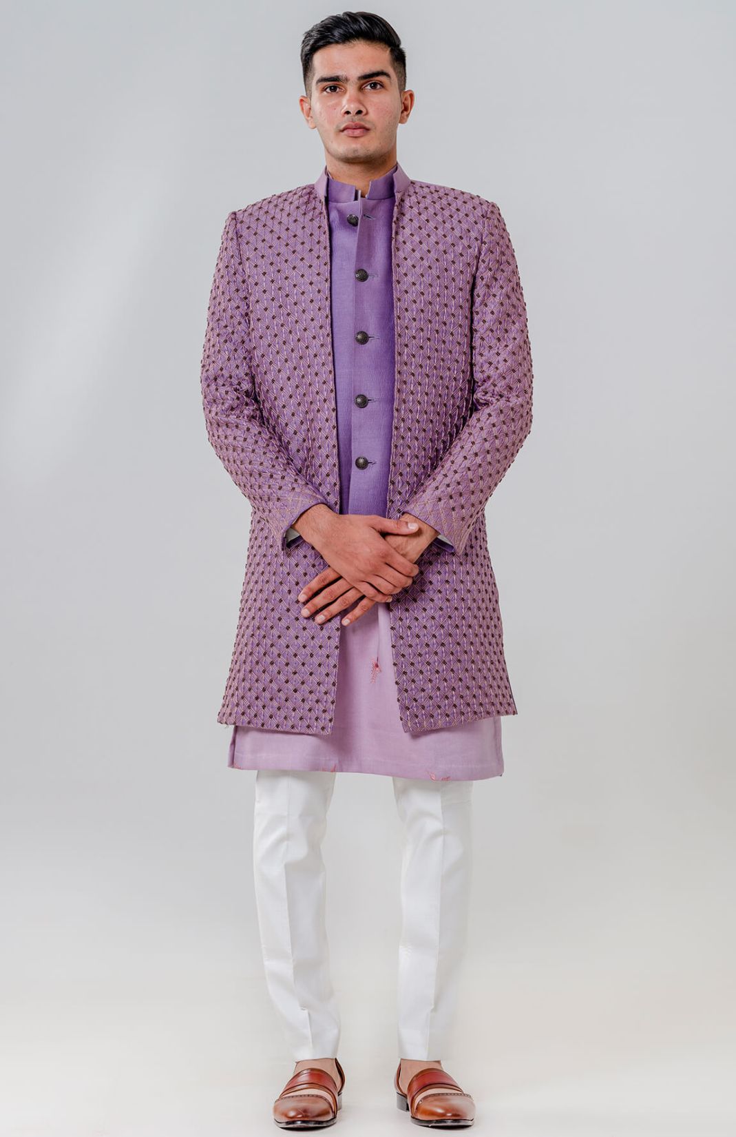 Long Open Jacket Attached Nehru Jacket Paired With Kurta & Trousers