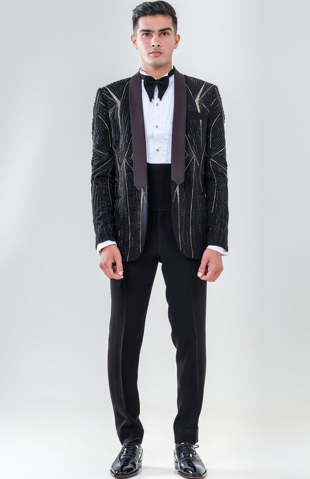 Silver & Black Cutdana Embellished  Tuxedo With Shawl Lapel