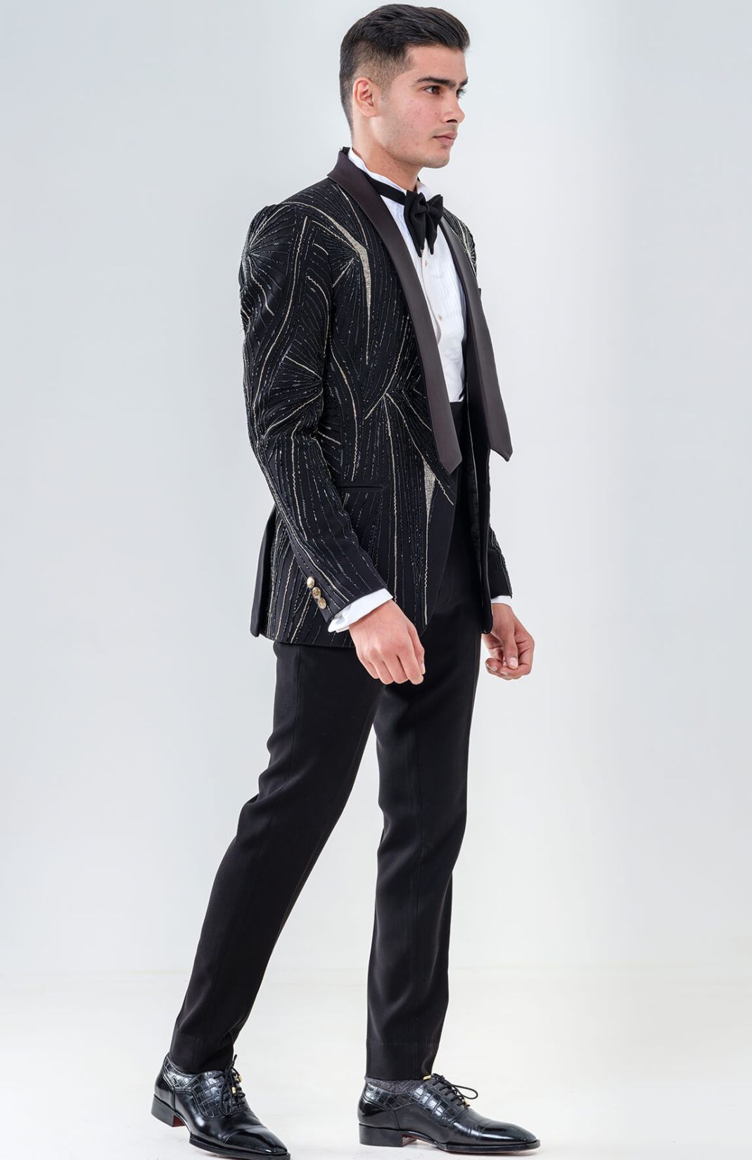Silver & Black Cutdana Embellished  Tuxedo With Shawl Lapel