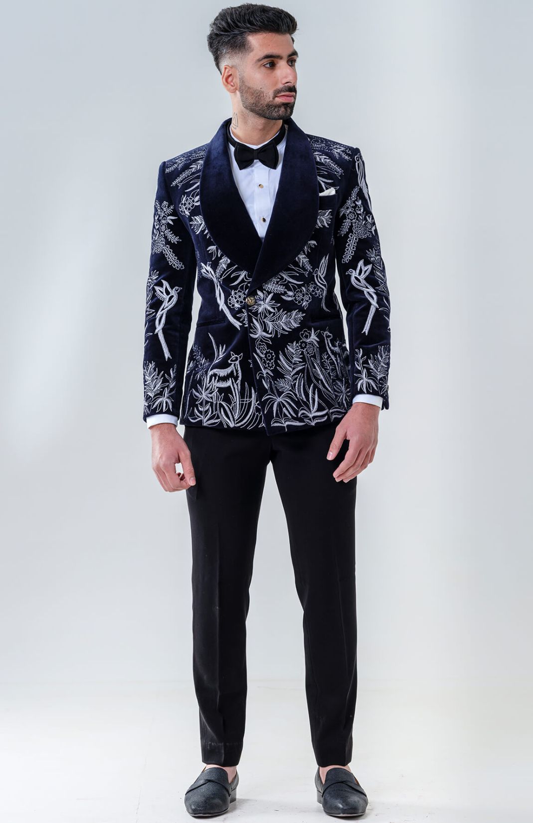 Intricately Embroidered Navy Tuxedo With Shawl Lapel