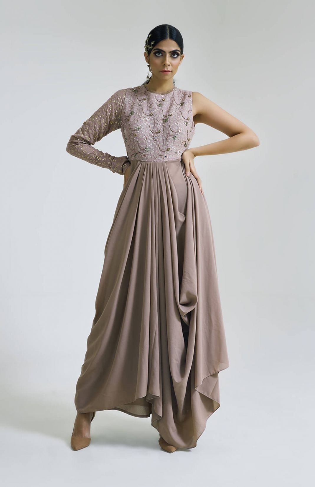 Oyster Pleated Gown With Drape