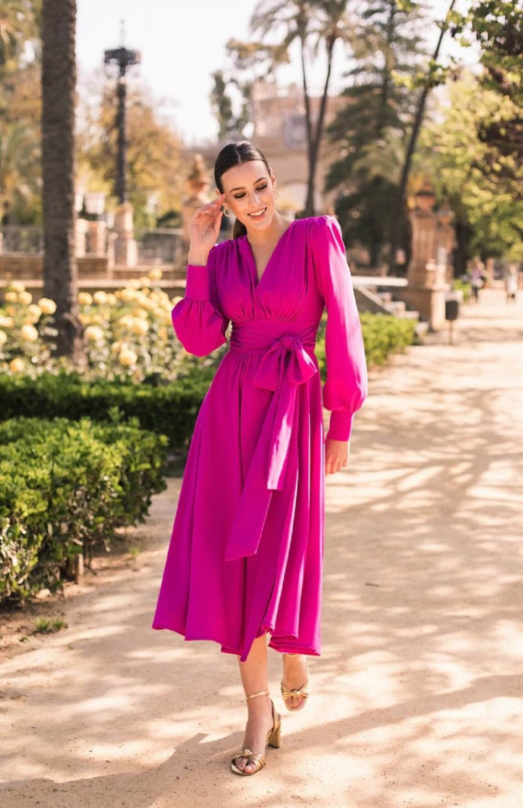 Women Pink Crepe Empire Midi Dress