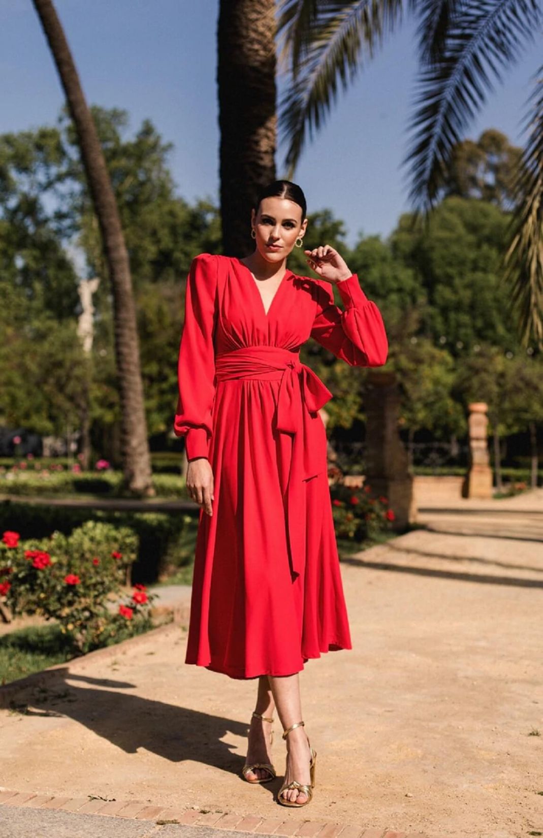 Women Red Crepe Empire Midi Dress