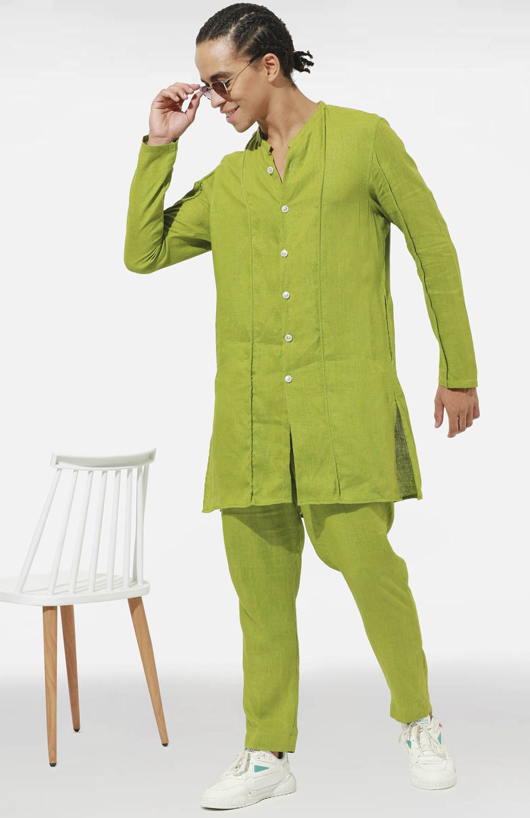 Cut And Sew Linen Kurta Set (Green)