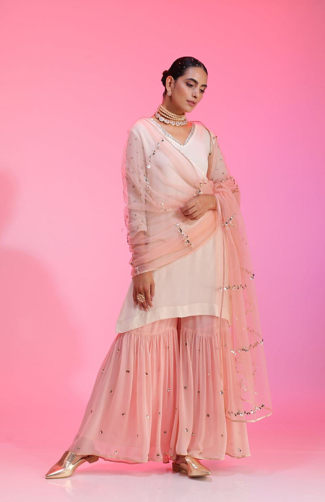 Ayesha Sequin & Beadwork Ivory Pink Sharara Set