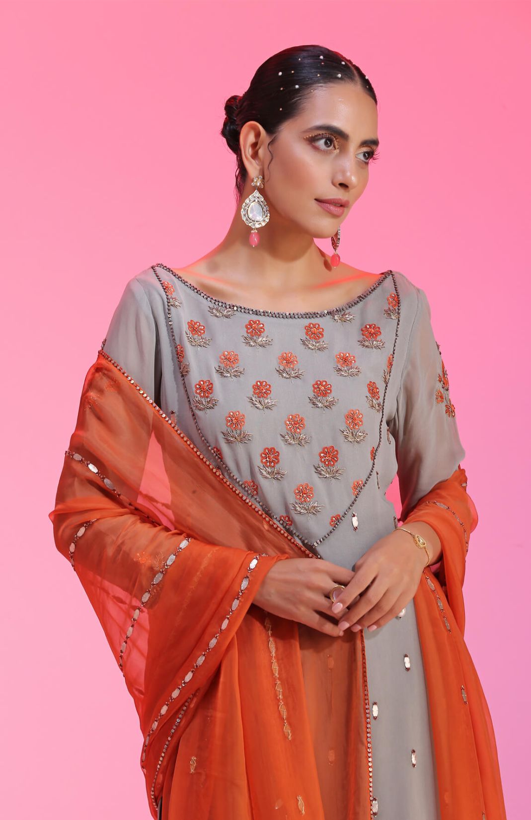 Roohi Resham & Gota Grey Orange Sharara Set