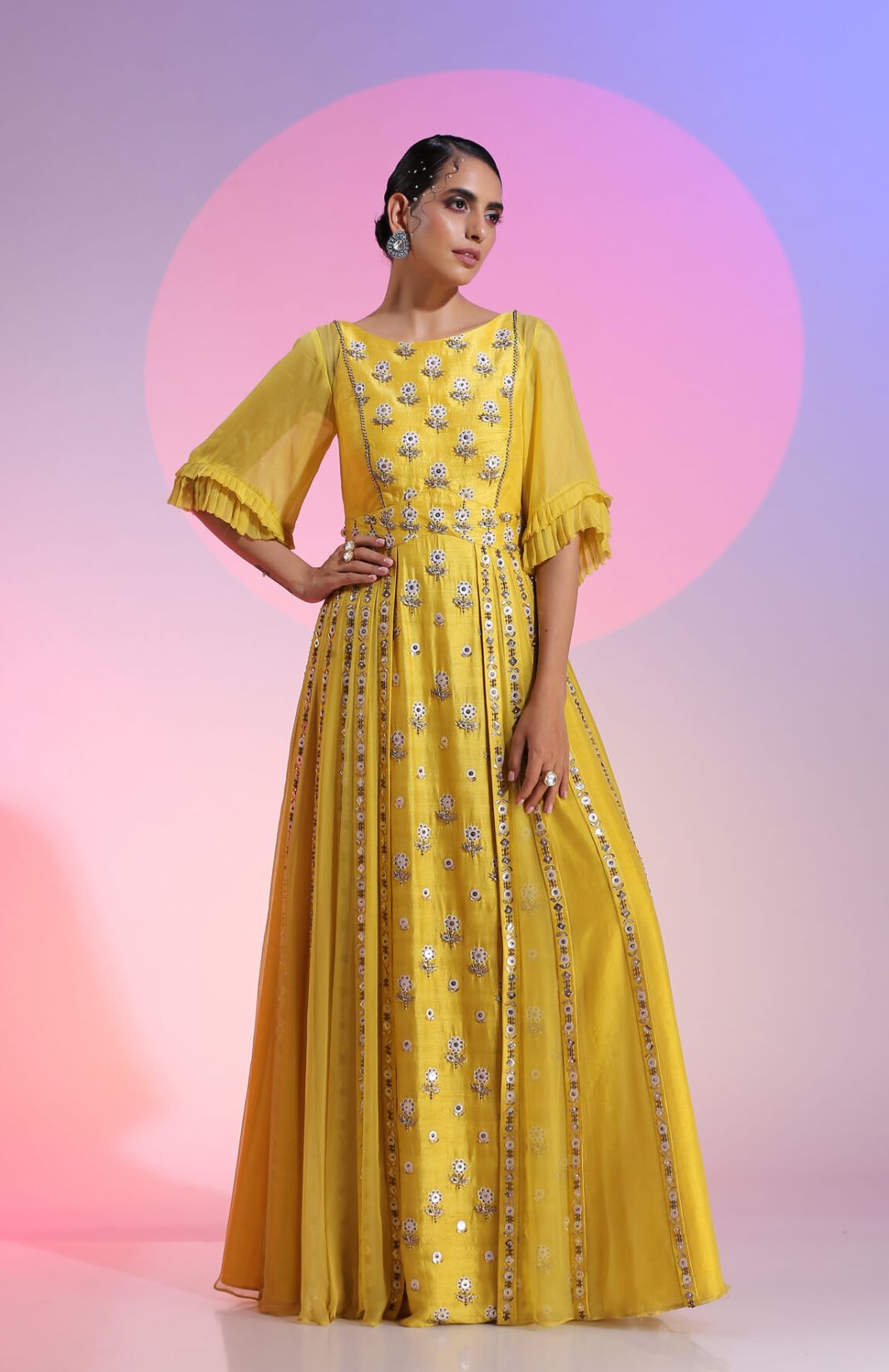 Surya Sequin & Beaded Layered Yellow Gown