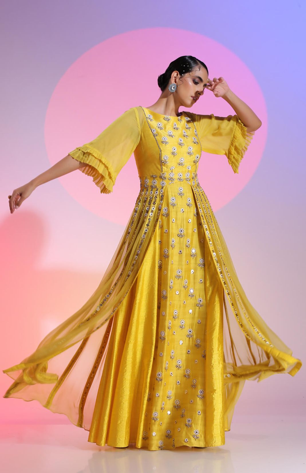 Surya Sequin & Beaded Layered Yellow Gown