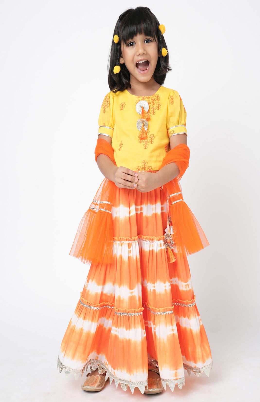 Marigold Magic Girls Yellow Embroidered Lehenga Choli Set 