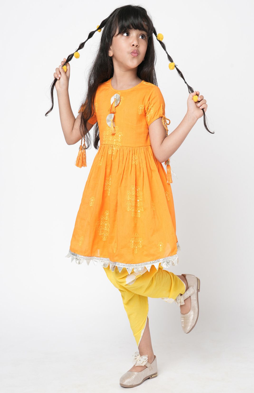 Marigold Magic Girls Orange Embroidered Kurta With Dhoti Set