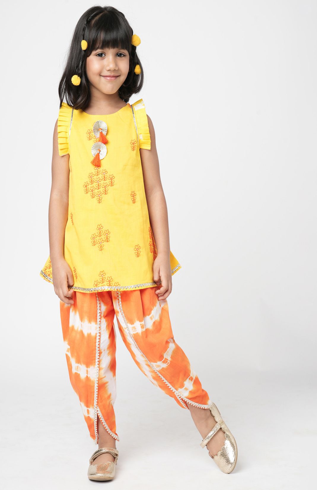 Marigold Magic Girls Yellow Embroidered Kurta With Dhoti Set