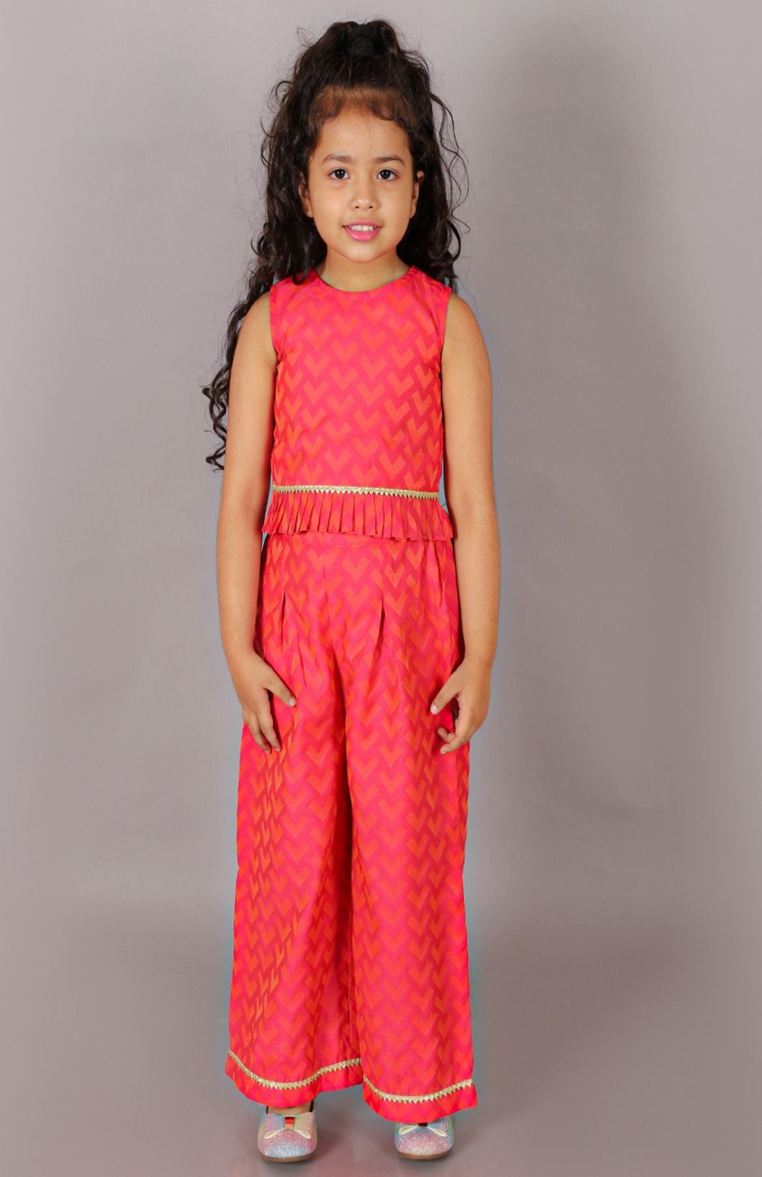 Folklore Girls Pink Crop Top With Pants