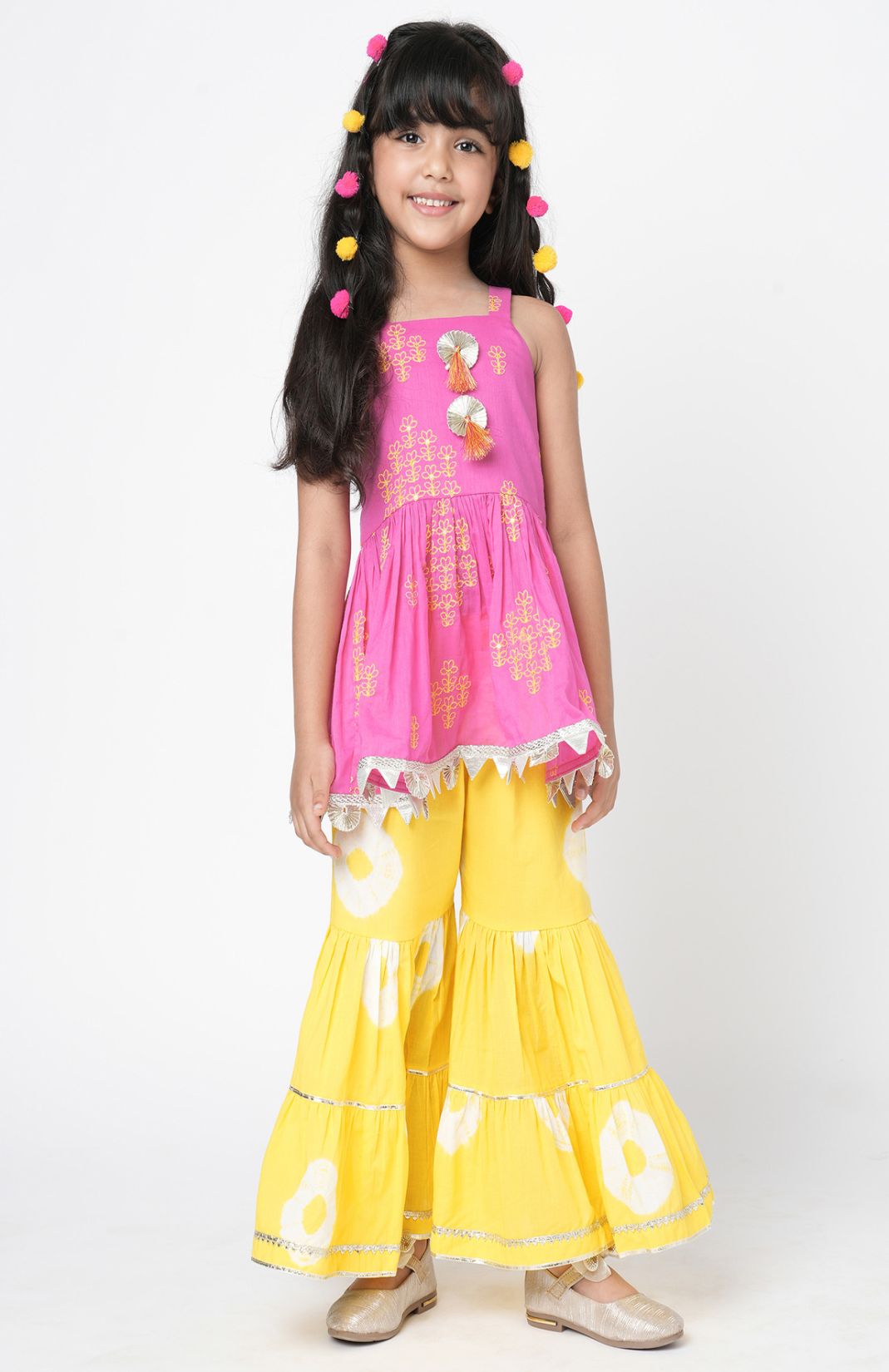 Marigold Magic Girls Pink Embroidered Kurta With Sharara Set