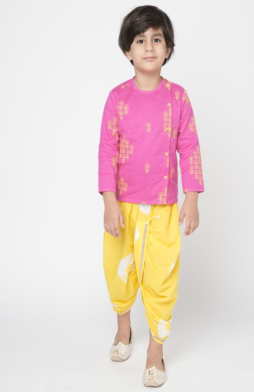 Marigold Magic Boys Pink Embroidered Kurta With Dhoti Set