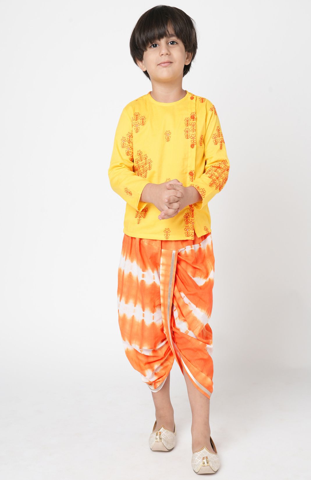 Marigold Magic Boys Yellow Embroidered Kurta With Dhoti Set