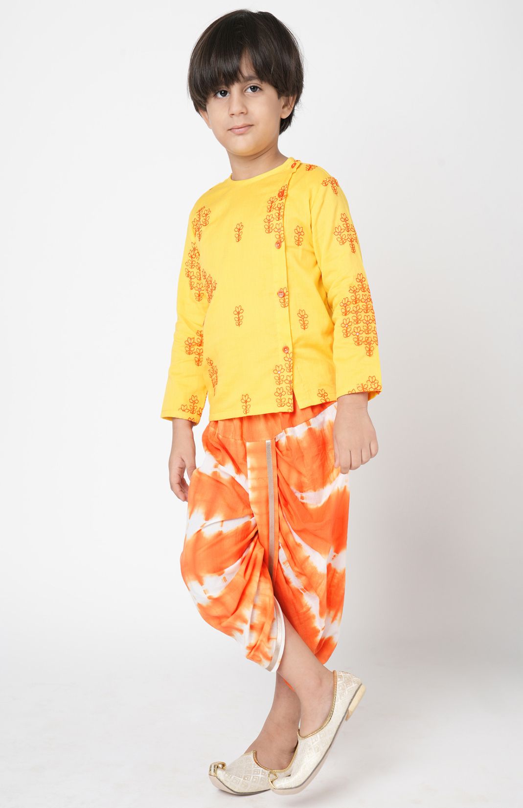 Marigold Magic Boys Yellow Embroidered Kurta With Dhoti Set