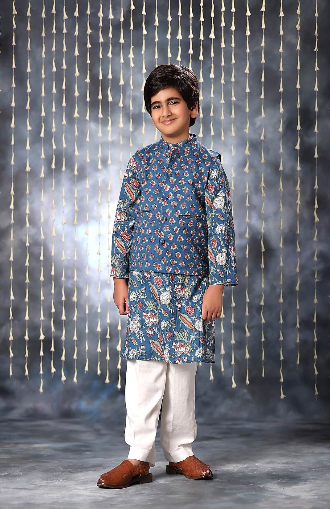 Blue Jaipuri Handblock Floral Print Kurta With White Pant Co-ord Set & Blue Buti Jacket