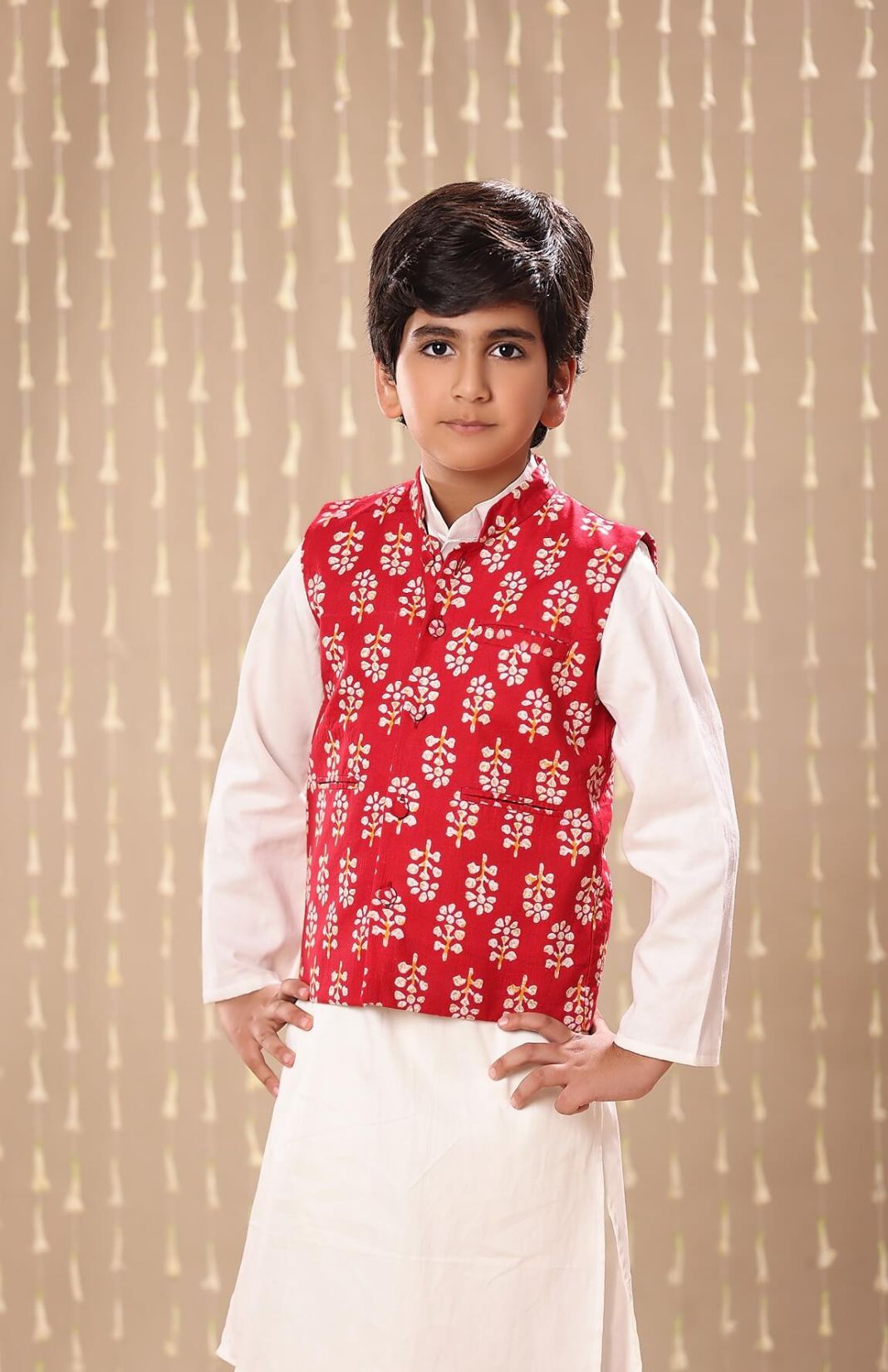White Kurta Pyjama Co-ord Set With Red Jaipuri Floral Motif Handblock Print Jacket