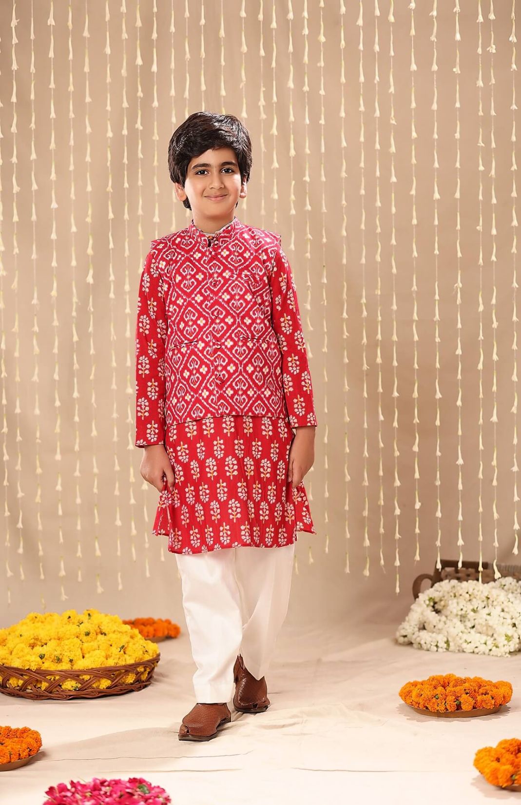 Red Jaipuri Handblock Floral Motif Handblock Print Long Kurta Set With Red Ikat Print Jacket