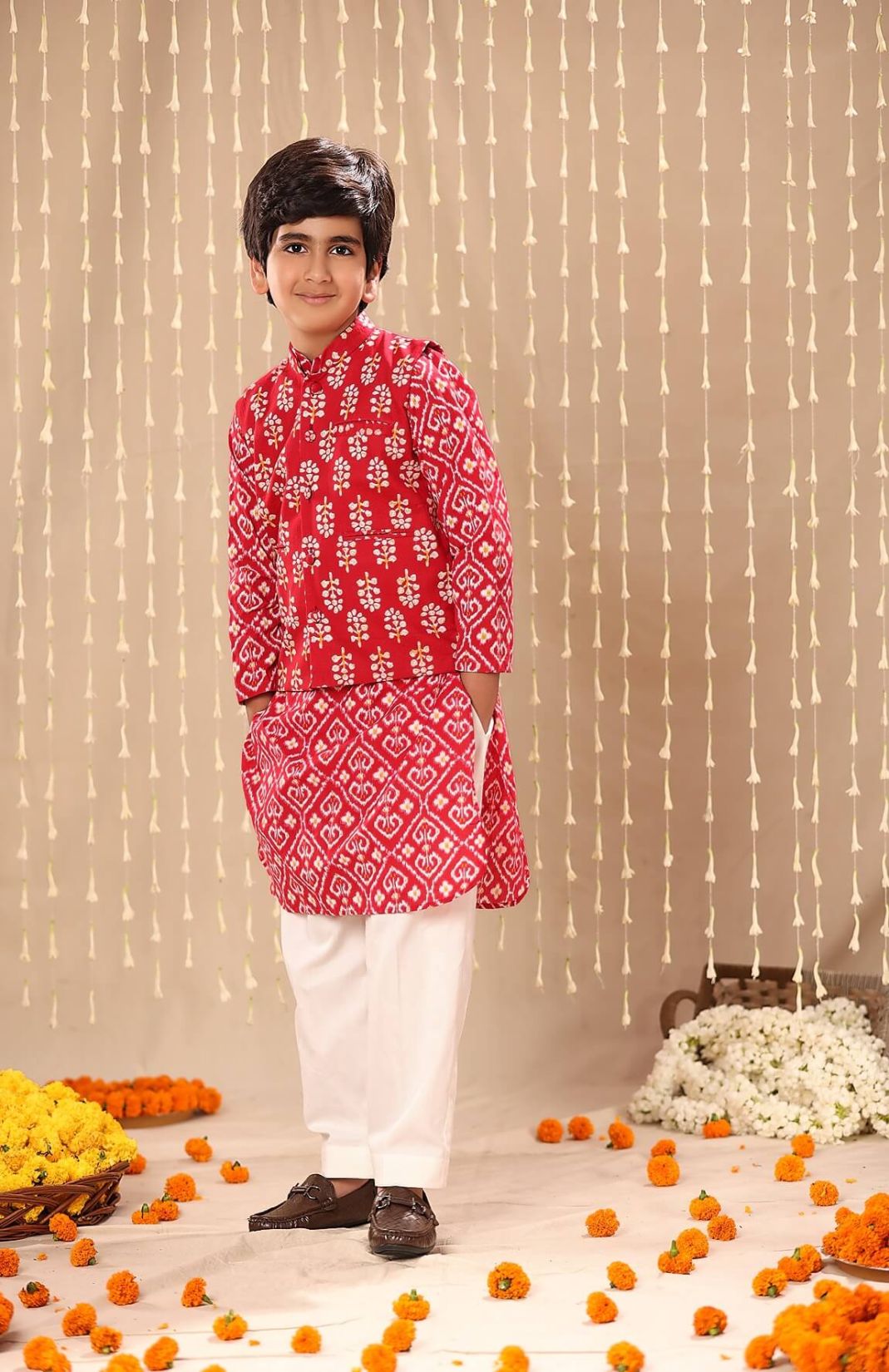 Red Jaipuri Ikat Handblock Print Long Kurta Set With Red Floral Print Jacket