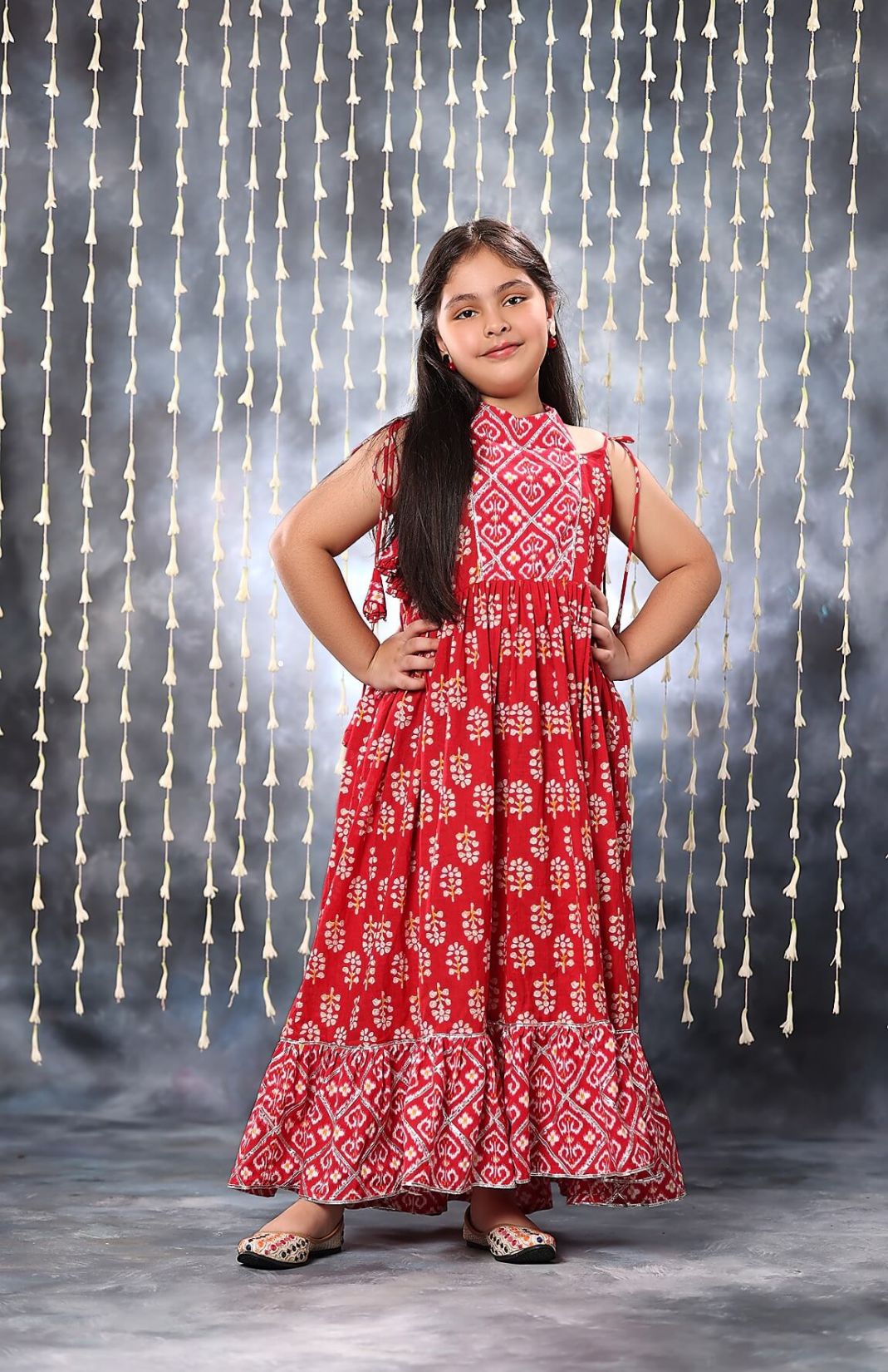 Red Jaipuri Handblock Ikat And Floral Motif Print Maxi Dress