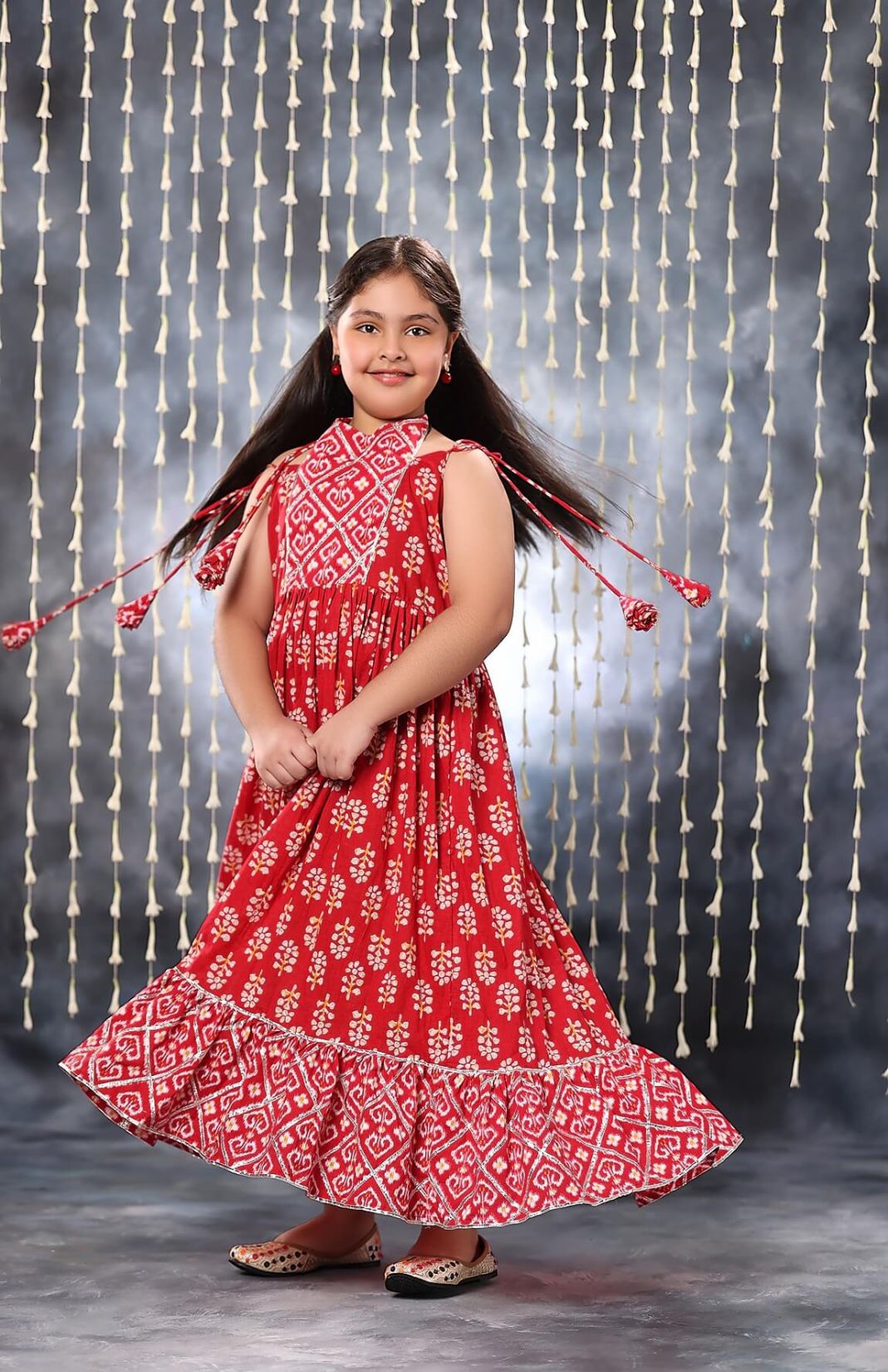 Red Jaipuri Handblock Ikat And Floral Motif Print Maxi Dress