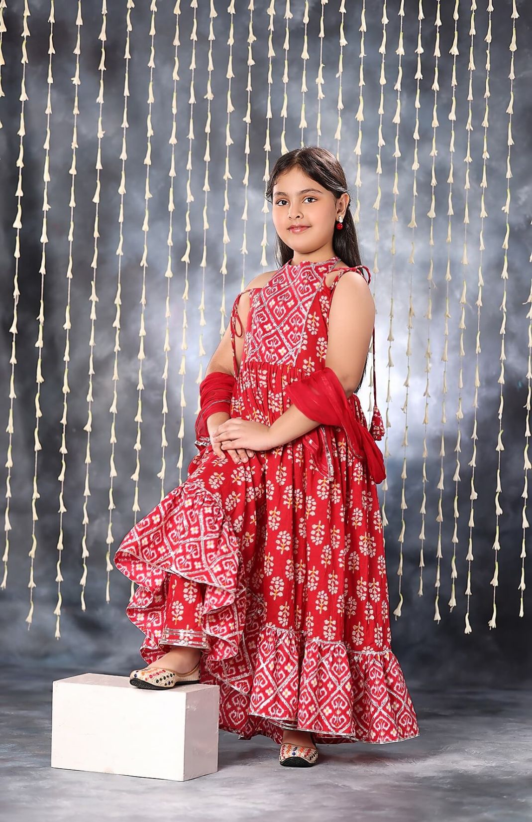 Red Jaipuri Handblock Ikat And Floral Motif Long Kurta Frock Suit Set