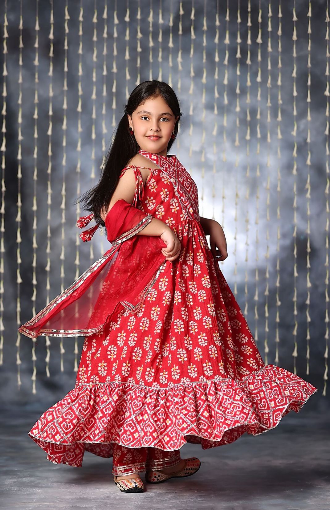 Red Jaipuri Handblock Ikat And Floral Motif Long Kurta Frock Suit Set