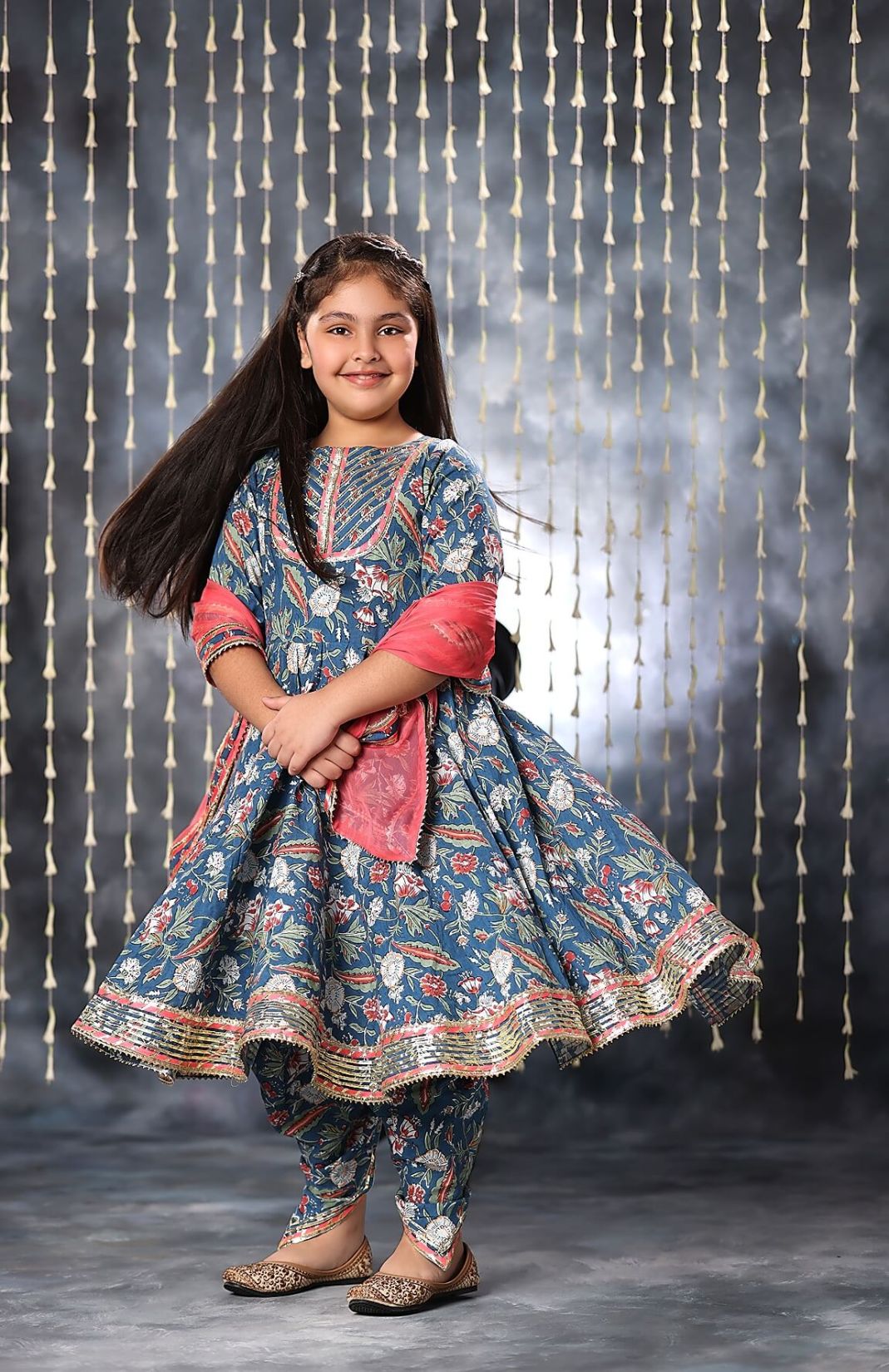 Blue Jaipuri Double Print Anarkali With Dhoti Salwar Suit Set