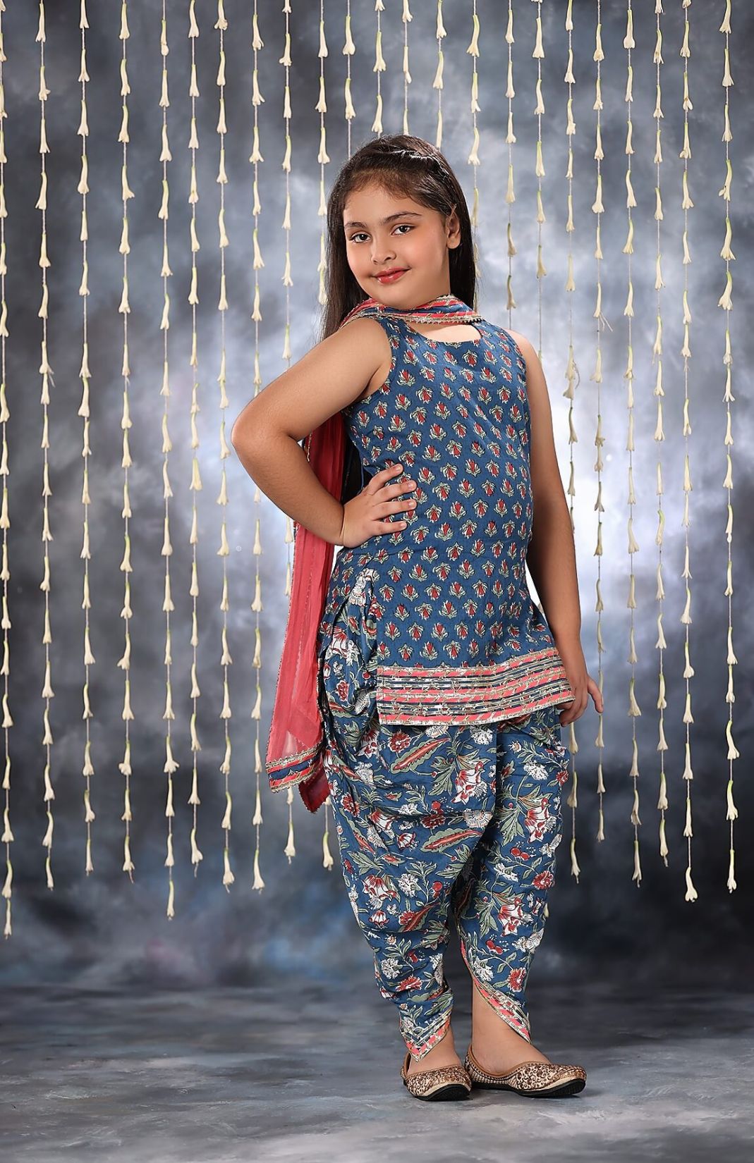 Blue Jaipuri Double Print Short Kurti With Dhoti Salwar Suit Set