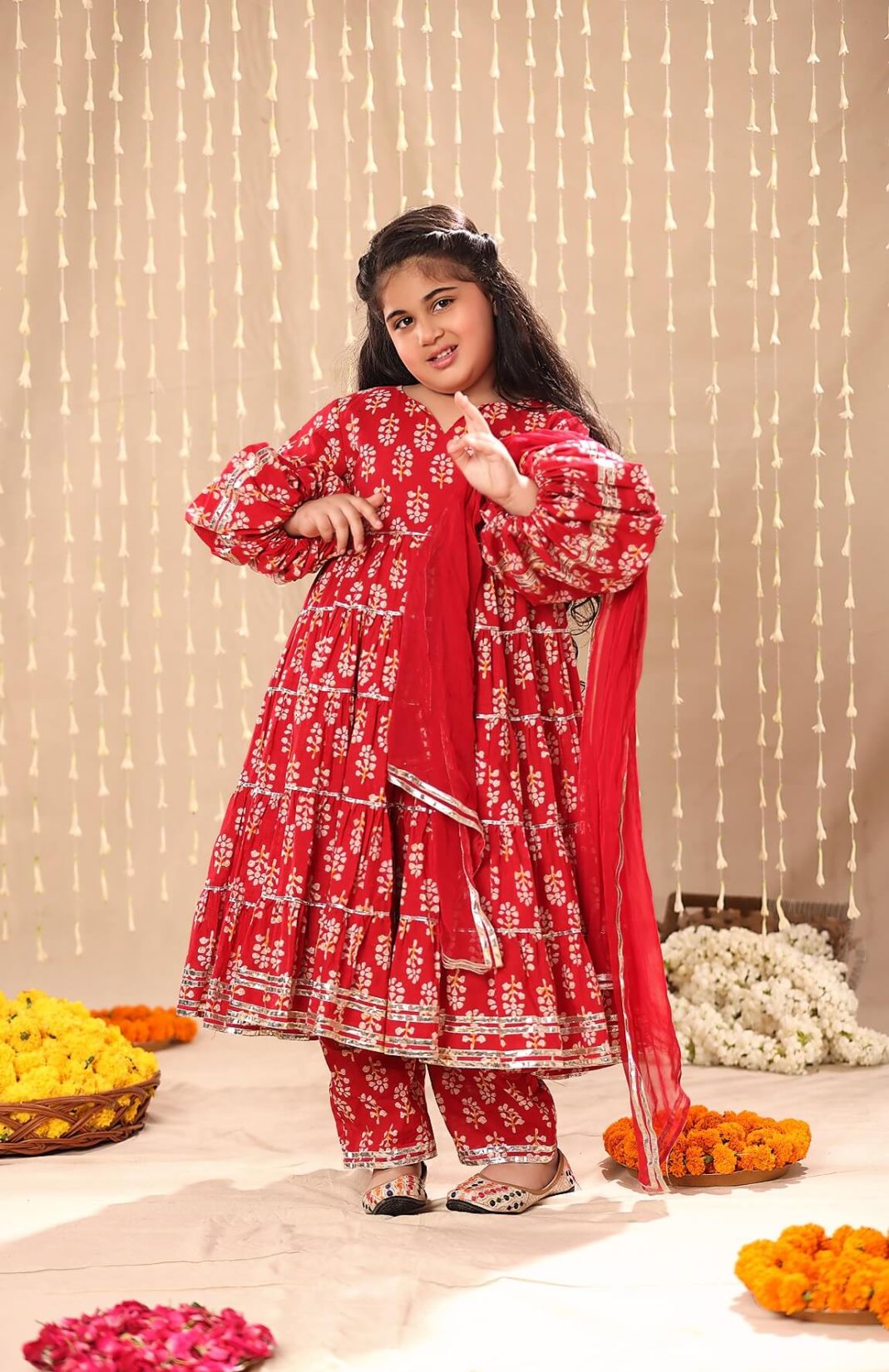 Red Jaipuri Floral Motif Handblock Print Balloon Sleeve Maxi With Pant Suit Set