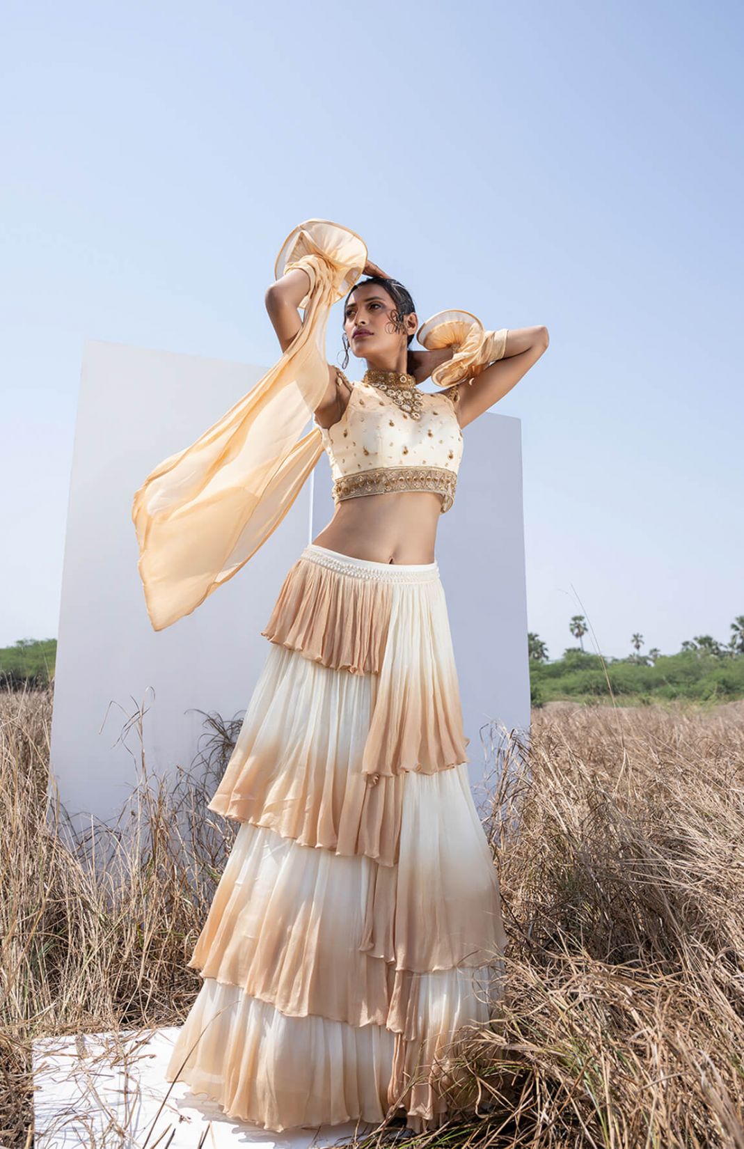Ombre Layered Lehenga With Embroidered Blouse