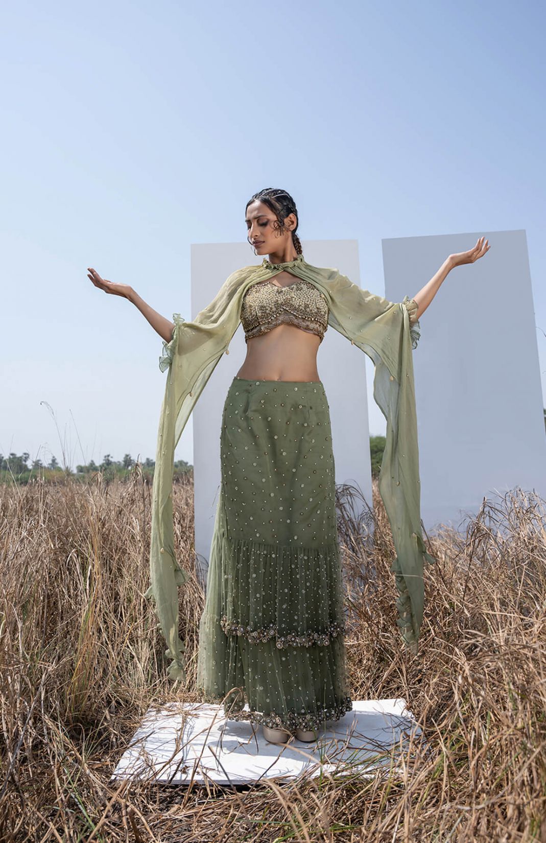 Moss Green Tiered Lehenga With Embellished Blouse