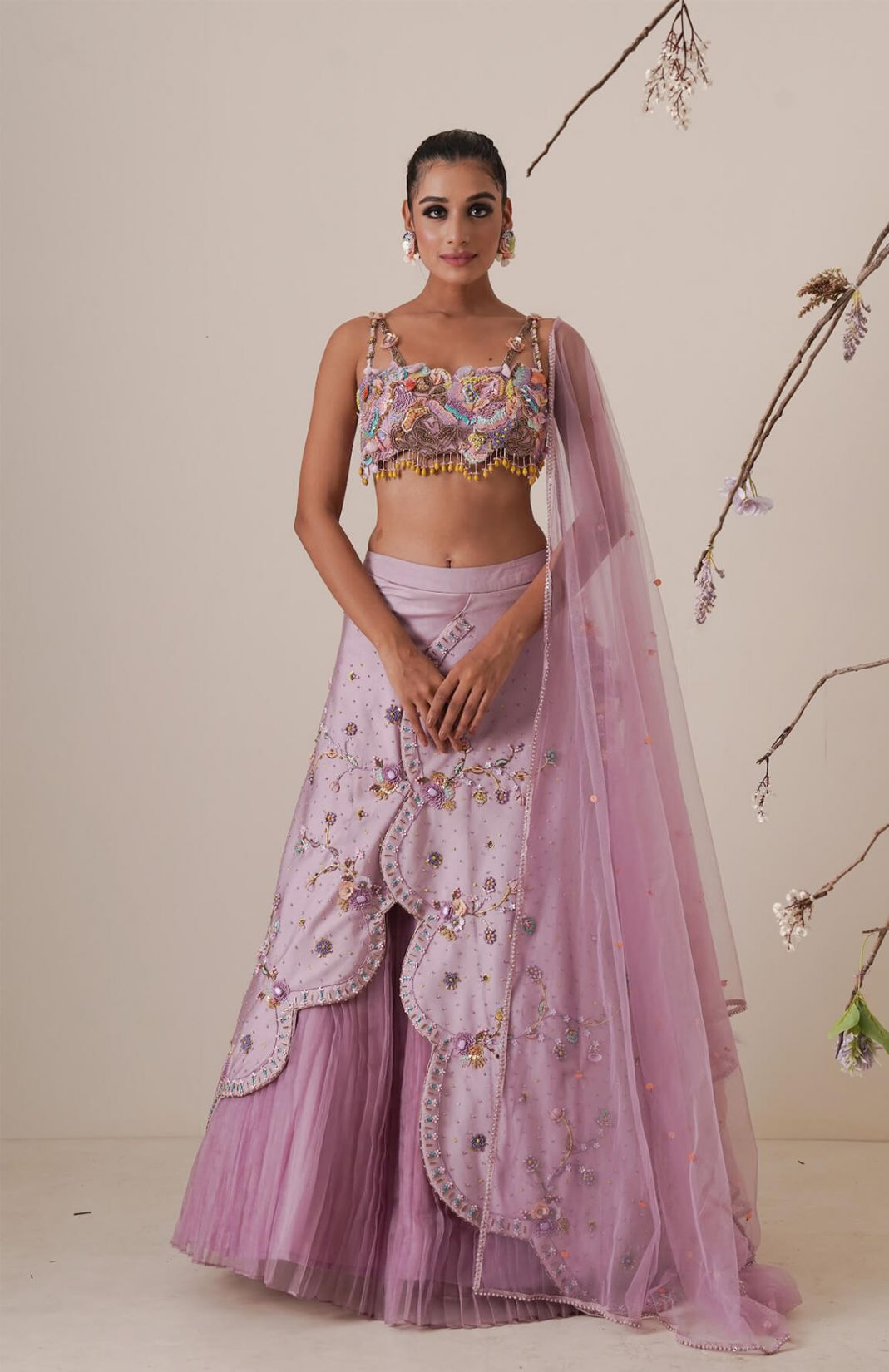 Lavender Lehenga Set Pleated Front Detail And A Applique Embroidery Dupatta