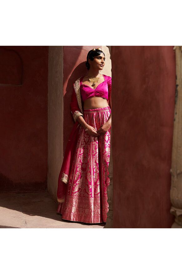 Pink Meharaab Jaal Handloom Pure Katan Silk Banarasi Lehenga With Organza Dupatta And Blouse