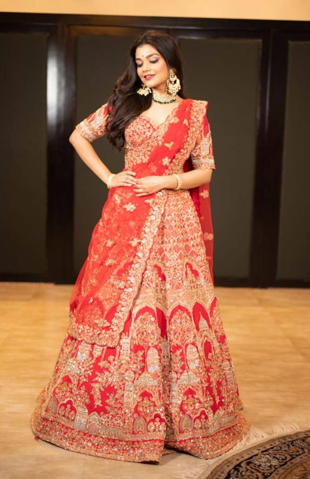 Lucknowi Red Heavily Embroidered Lehenga