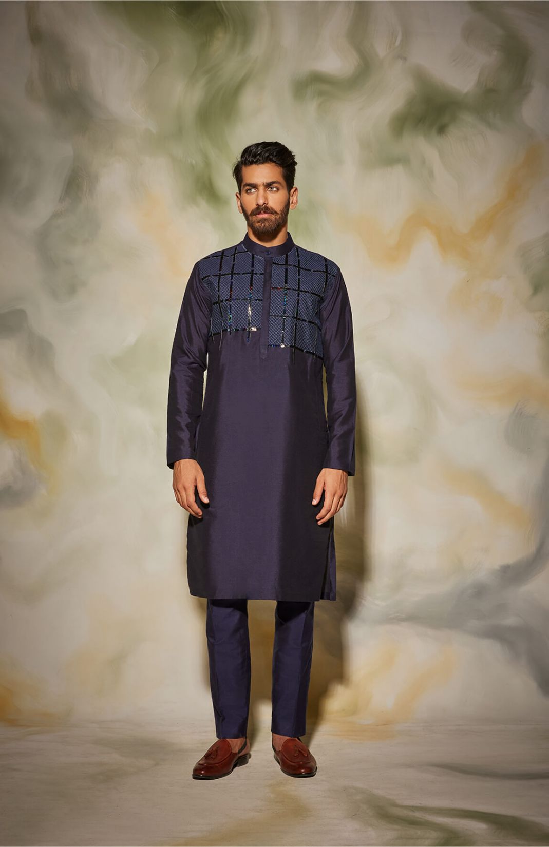 Dark Blue Self On Self Quilted With Leather Detail Kurta